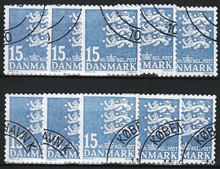 FRIMÆRKER DANMARK | 2004 - AFA 1377 - Lille Rigsvåben - 15,00 Kr. lysblå x 10 stk. - Pænt hjørnestemplet